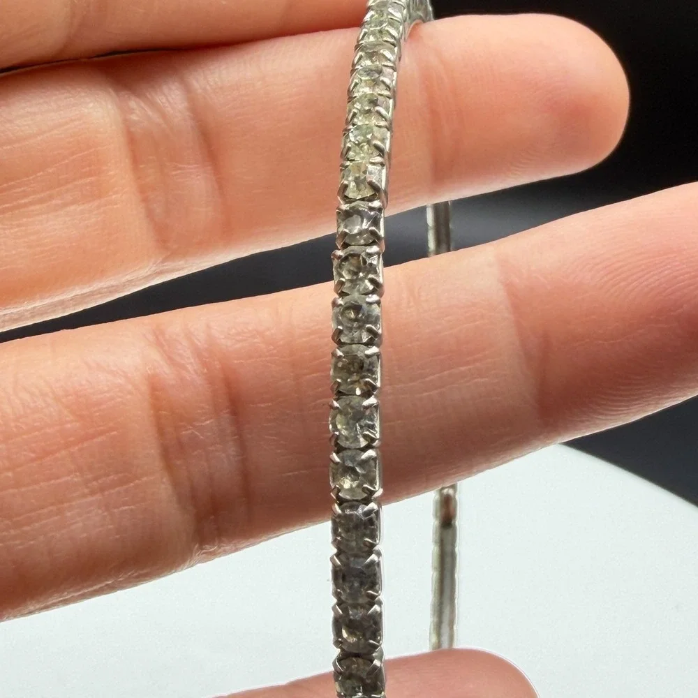 Silver Tone Clear Rhinestone Bangle Bracelet Prong Set Sparkle Statement Jewelry